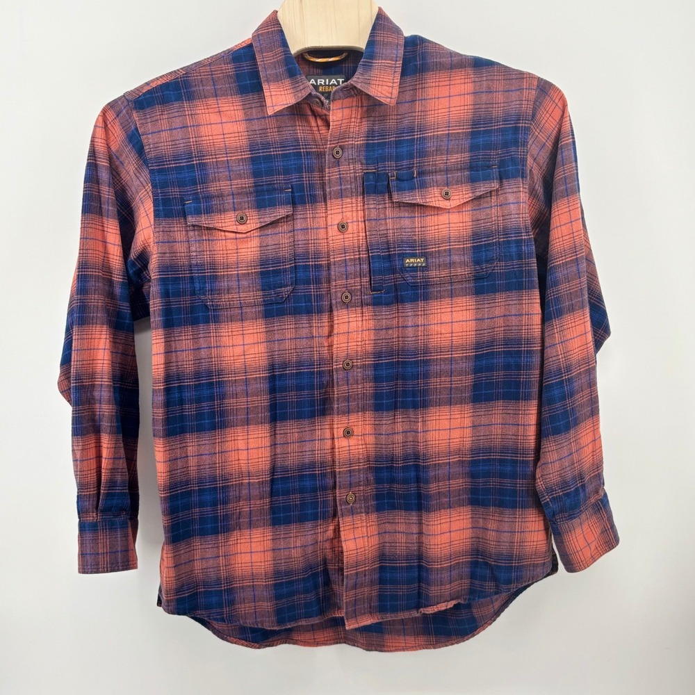 Ariat Rebar Mens Large‎ Orange Navy Blue Plaid Flannel Work Shirt Button Down L